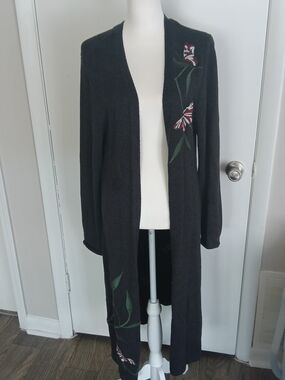 Style & Co. Black Open-Front Cardigan with Floral Embroidery
